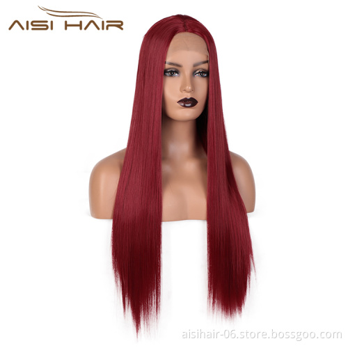 Aisi Hair New Design 26 Inch Long Ombre Red Dark Root Wig Silky Straight Swiss Lace Wigs Synthetic Hair Wigs For Black Women